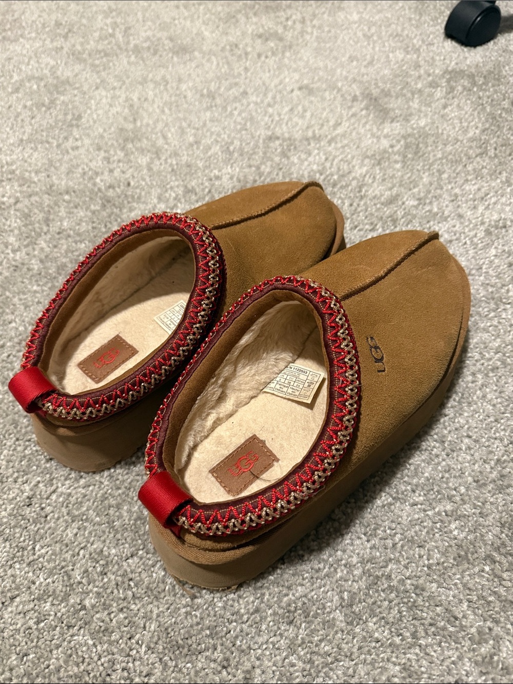 UGG Chestnut Suede Moccasin Slippers with Red Trim